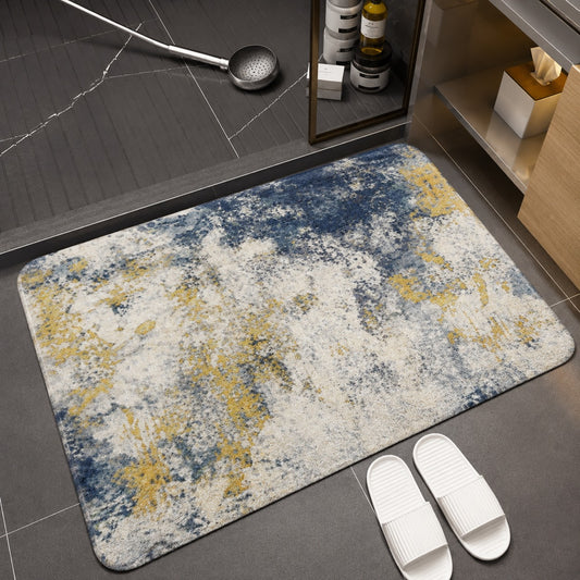 Luxury Abstract Bath Mat – Stylish Blue & Gold Bathroom Floor Rug