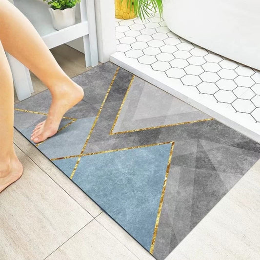 Modern Blue Gold Floor Mat – Abstract Decorative Non-Slip Bathroom Rug
