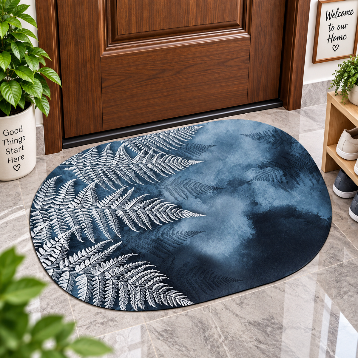 Modern Blue Leaf Floor Mat – Beautiful Botanical Design for Home & Office