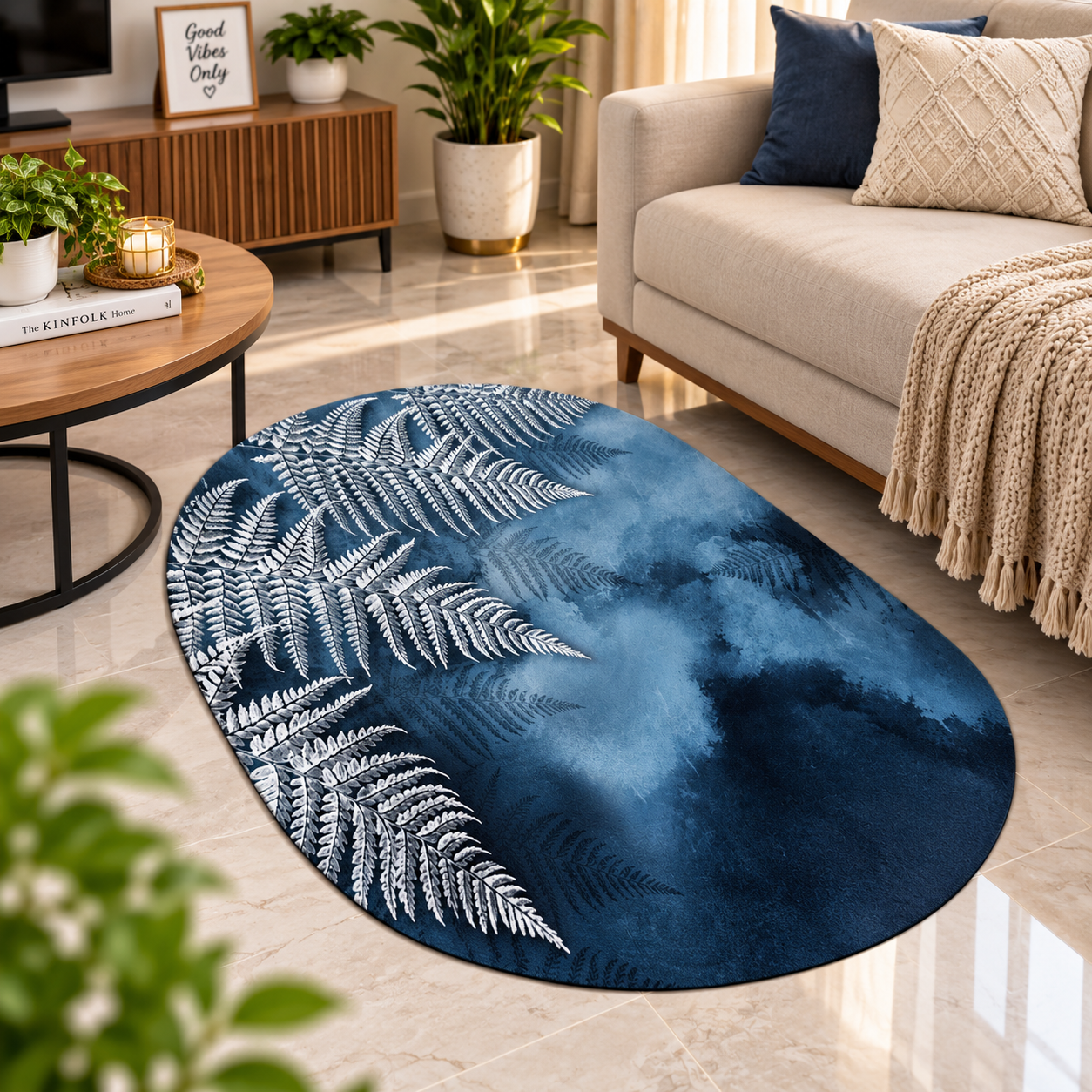 Modern Blue Leaf Floor Mat – Beautiful Botanical Design for Home & Office