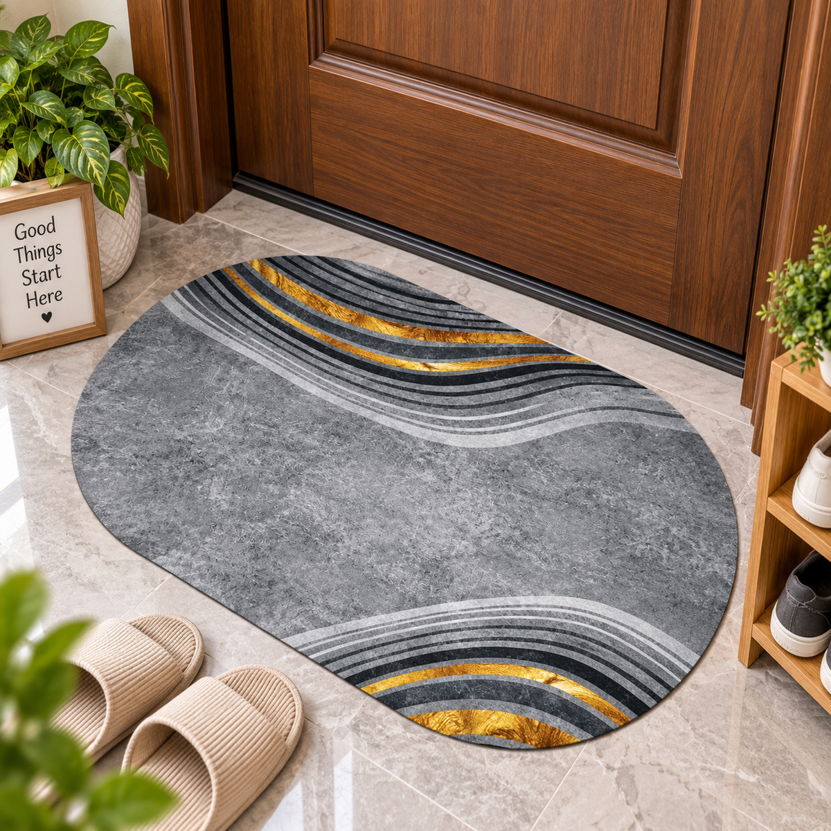 Modern Grey & Gold Floor Mat – Decorative Wave Pattern for Elegant Interiors