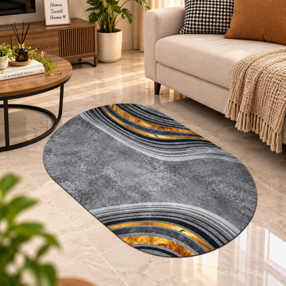Modern Grey & Gold Floor Mat – Decorative Wave Pattern for Elegant Interiors