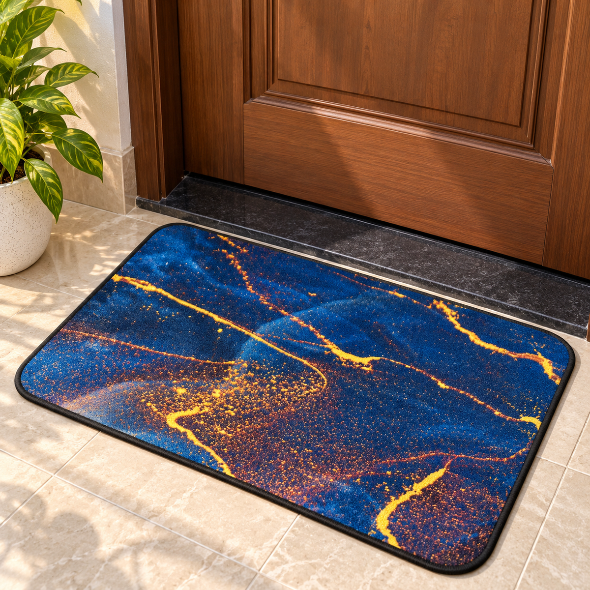 Navy Blue Abstract Floor Mat Gold Pattern Home Decor (22x15Inch)