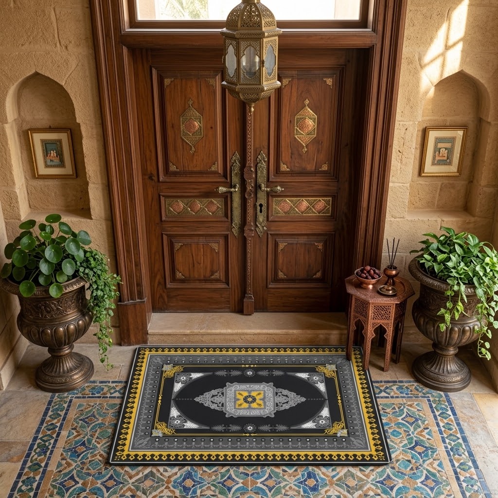 Ornamental Black Gold Floor Mat – 22x15 Inch Elegant Decorative Mat