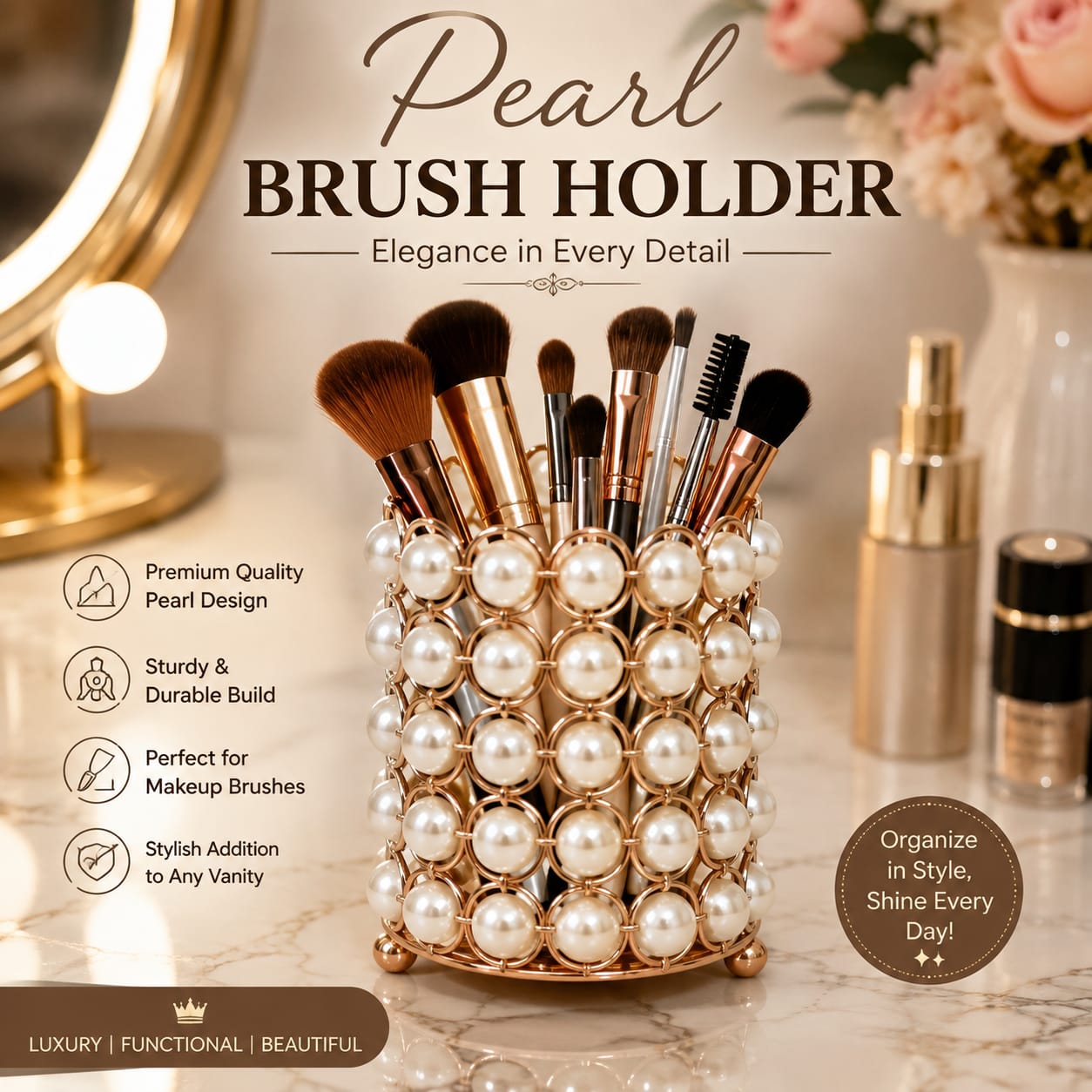 Pearl Design Makeup Brush Stand – Luxury Cosmetic Organizer for Beauty Tools