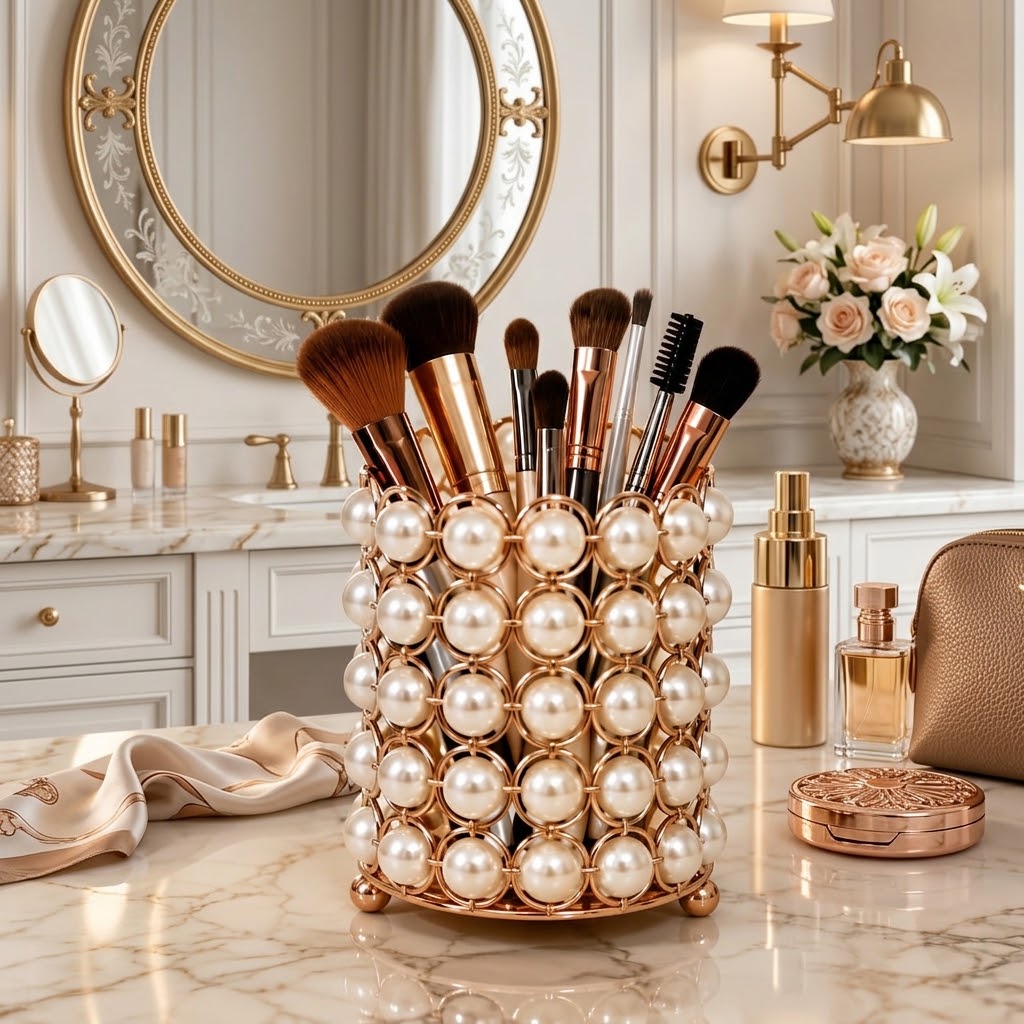 Pearl Design Makeup Brush Stand – Luxury Cosmetic Organizer for Beauty Tools