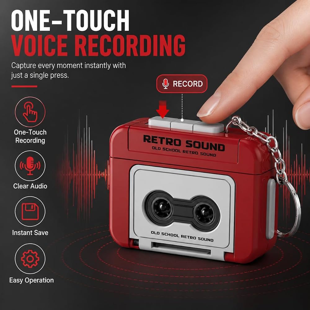 Portable Retro Voice Recorder Keychain – Mini Audio Device Style Key Ring