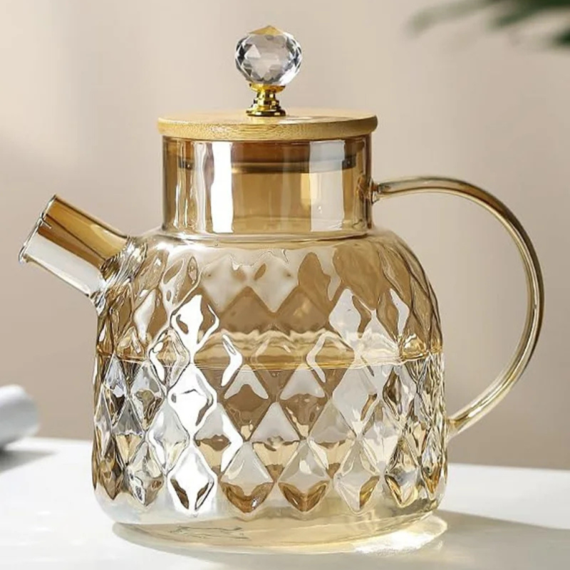 Premium Glass Teapot with Bamboo Lid – Diamond Cut Heat-Resistant Design