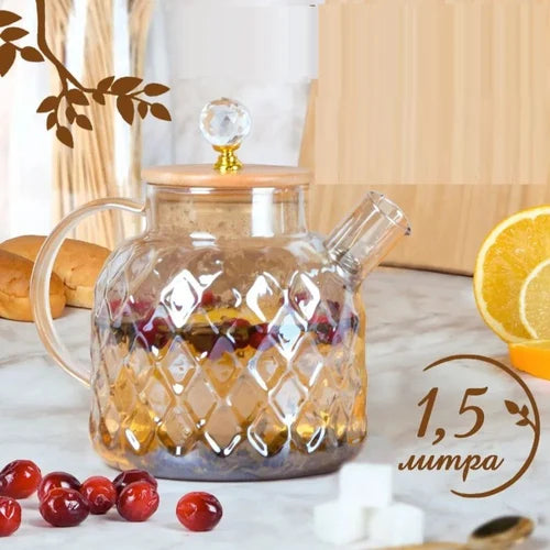 Premium Glass Teapot with Bamboo Lid – Diamond Cut Heat-Resistant Design