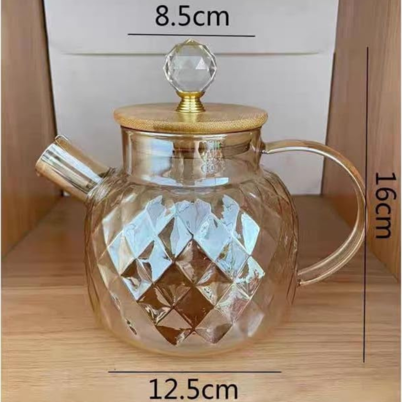Premium Glass Teapot with Bamboo Lid – Diamond Cut Heat-Resistant Design