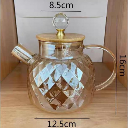 Premium Glass Teapot with Bamboo Lid – Diamond Cut Heat-Resistant Design