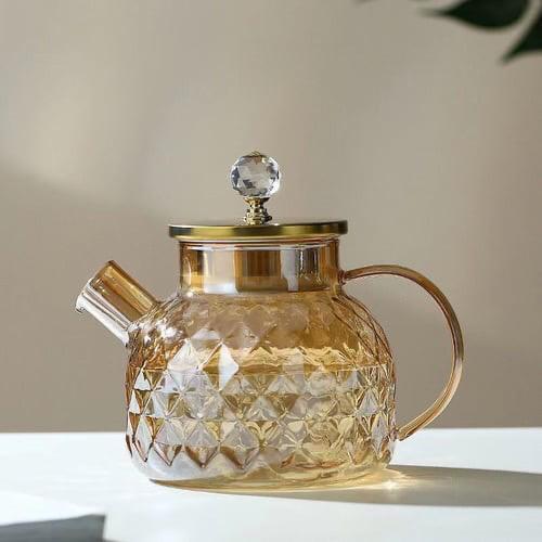 Premium Glass Teapot with Bamboo Lid – Diamond Cut Heat-Resistant Design