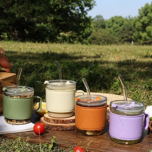 Premium Glass Tumbler with Handle and Straw Lid