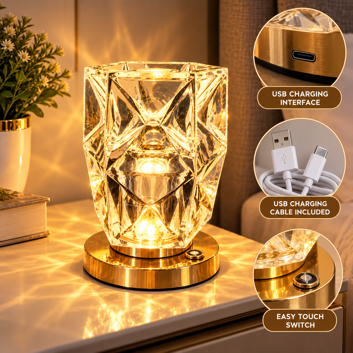 Rechargeable Crystal Night Lamp – Touch Control LED Light