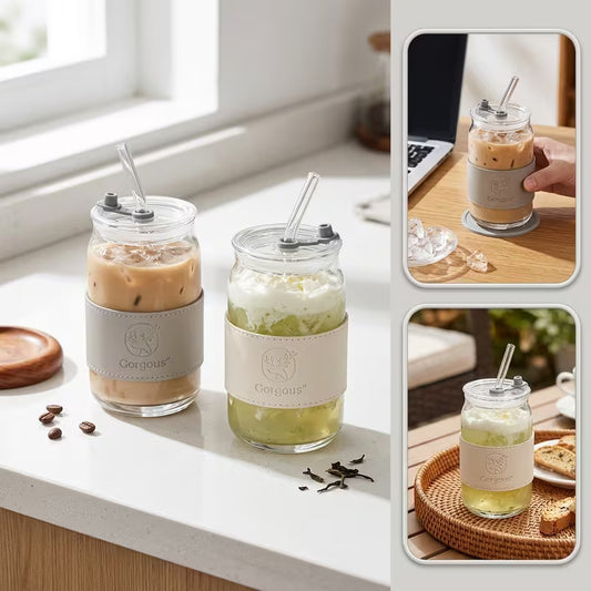Reusable Glass Tumbler – Cold Drink Cup with Lid & Straw