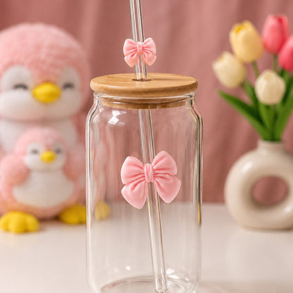 Reusable Glass Tumbler with Bamboo Lid & Pink Bow Glass Straw