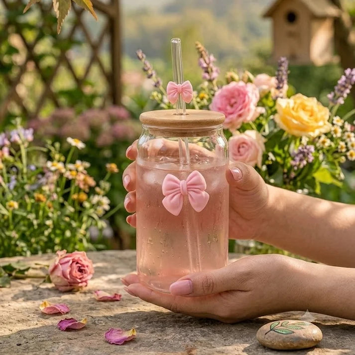 Cute Bow Glass Tumbler With Wooden Lid & Glass Straw