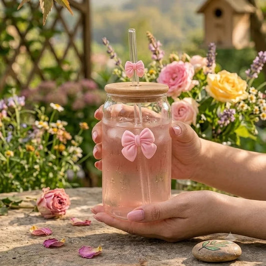 Cute Bow Glass Tumbler With Wooden Lid & Glass Straw