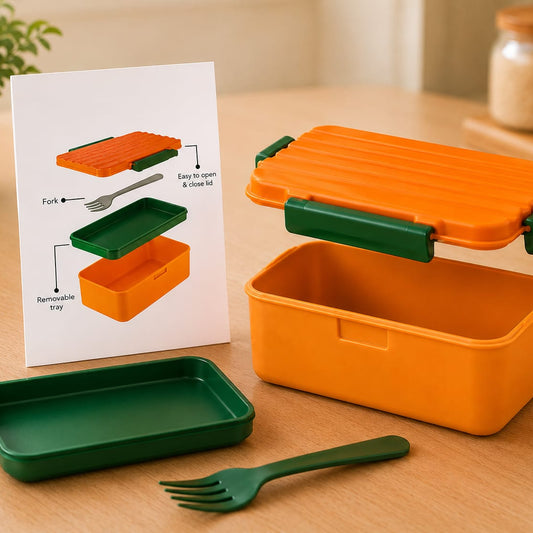 Reusable Lunch Box with Fork – Compact 2-Layer Food Storage Container