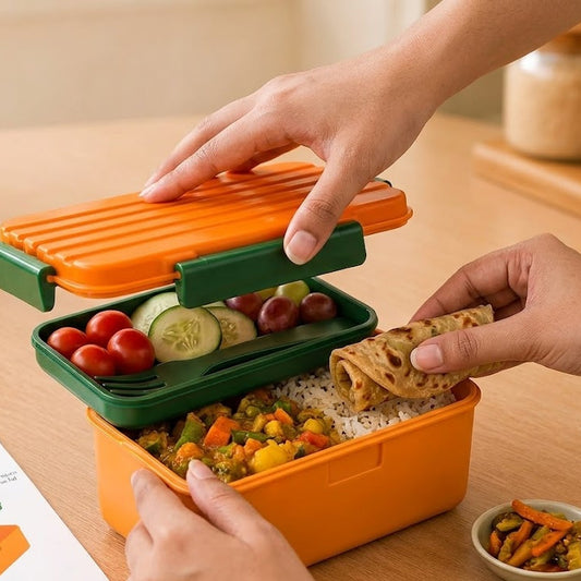Reusable Lunch Box with Fork – Compact 2-Layer Food Storage Container
