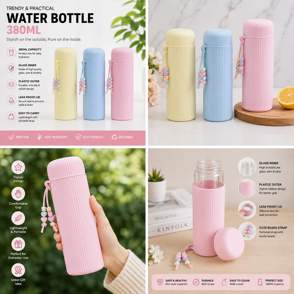 Reusable Pastel Glass Water Bottle – Ribbed Silicone Sleeve & Trendy Beaded Strap