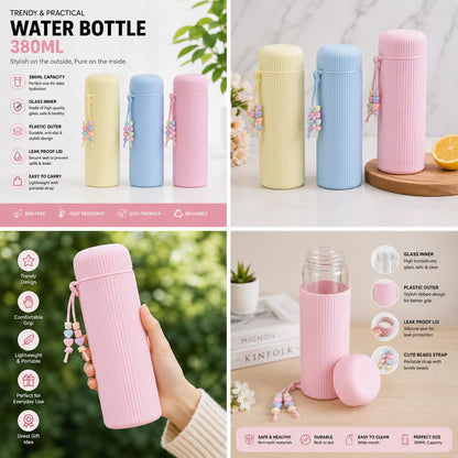 Reusable Pastel Glass Water Bottle – Ribbed Silicone Sleeve & Trendy Beaded Strap