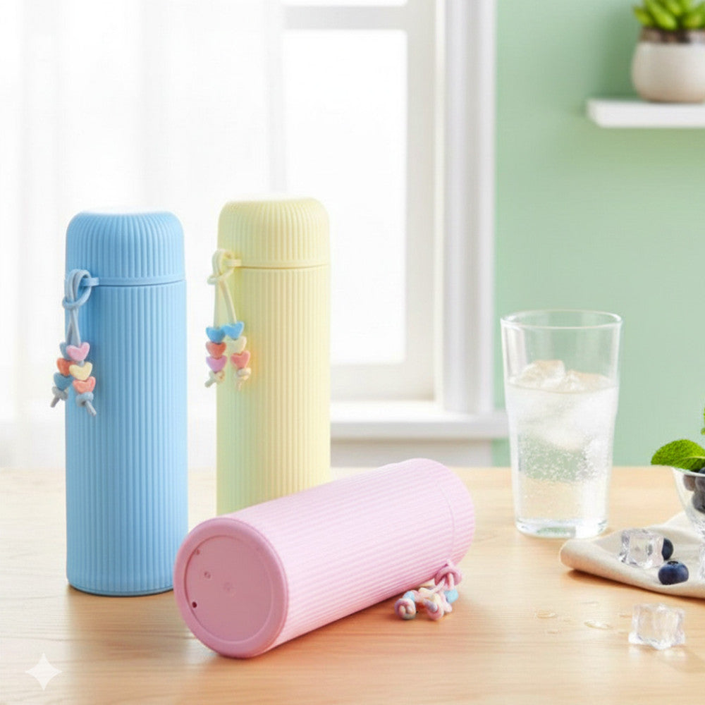 Reusable Pastel Glass Water Bottle – Ribbed Silicone Sleeve & Trendy Beaded Strap