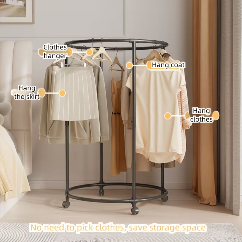 Round Metal Clothes Rack with Wheels – 360° Rotating Garment Stand