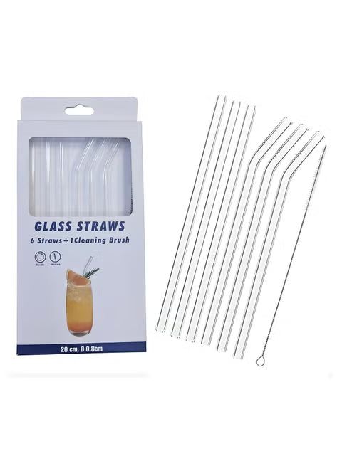 Set of 6 Reusable Glass Drinking Straws with Cleaning Brush