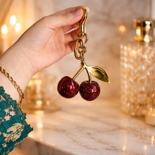 Sparkling Cherry Keychain Red Enamel With Gold Detailing 