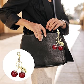 Sparkling Cherry Keychain Red Enamel With Gold Detailing 