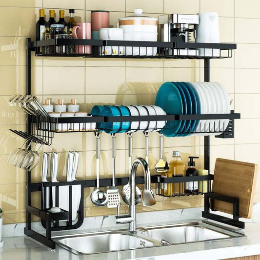 Stainless Steel 2 Tier Dish Drainer Rack Over Sink Space Saver Organizer