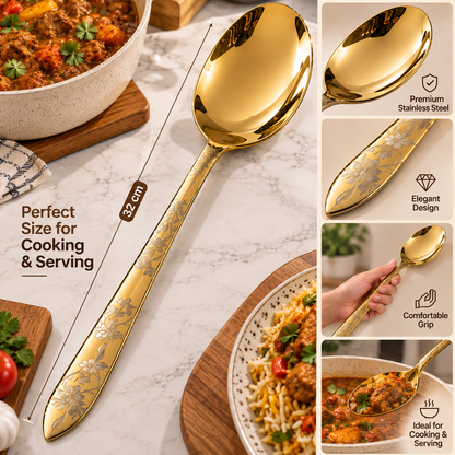 Stainless Steel Gold Serving Spoon Decorative Floral Design