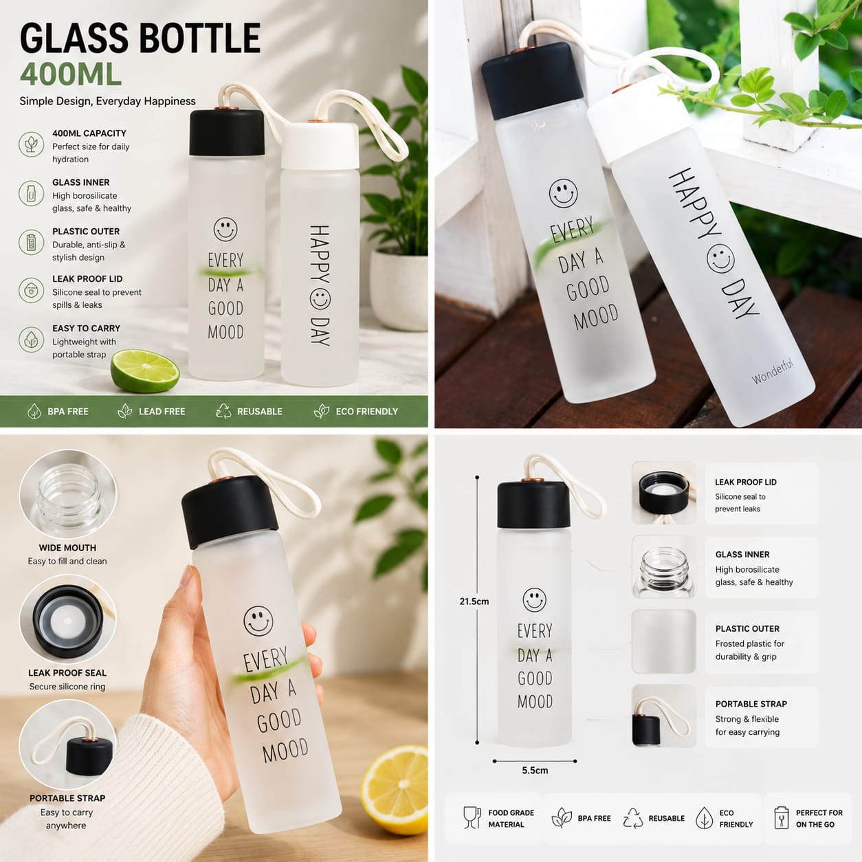Stylish 400ML Glass Bottle – Reusable Drinking Bottle with Portable Strap