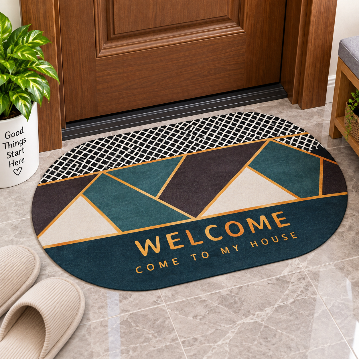 Teal & Gold Geometric Floor Mat – Stylish Decorative Mat for Home Entrance