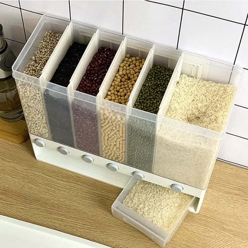 Transparent 6-Grid Grain Storage Container with Wall Mount