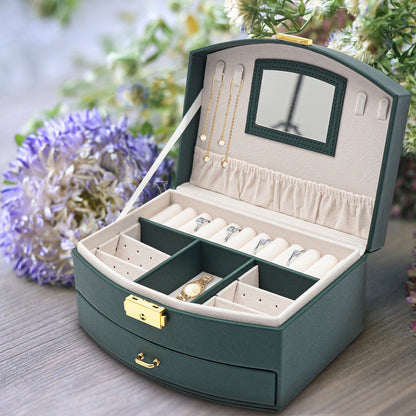 Two-Level Leather Jewelry Storage Box – Green, Jewelry Organizer 