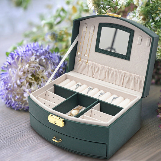 Two-Level Leather Jewelry Storage Box – Green, Jewelry Organizer 