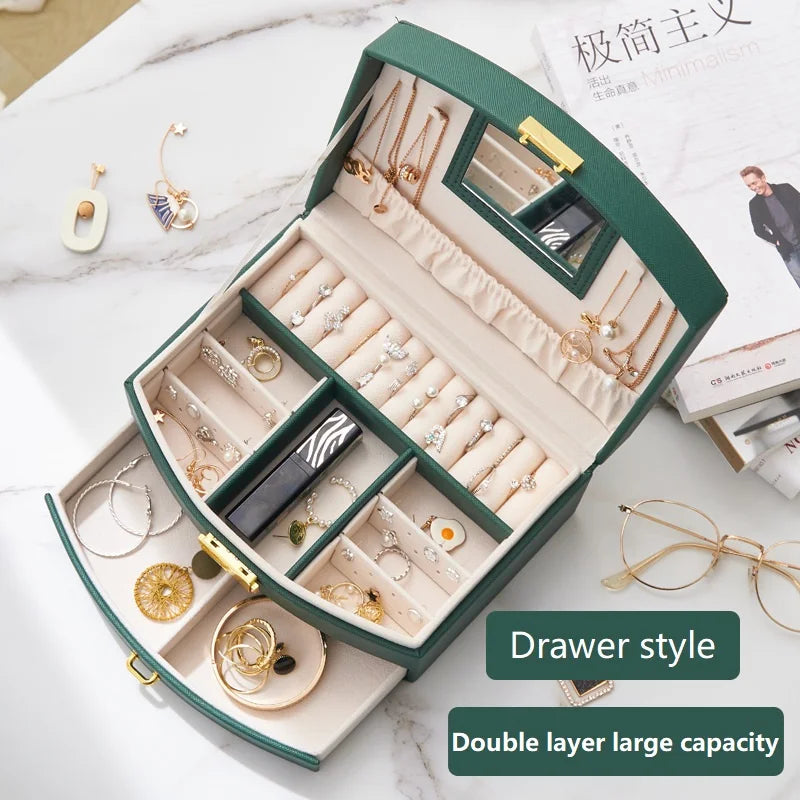 Two-Level Leather Jewelry Storage Box – Green, Jewelry Organizer 