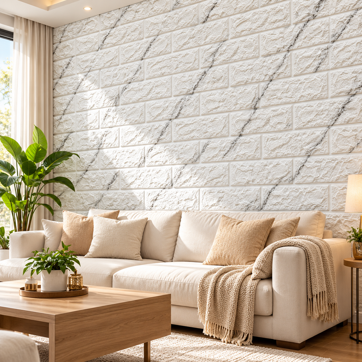 White Marble 3D Brick Wall Sticker – Decorative Wallpaper