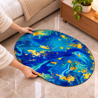 Blue & Gold Marble Oval Floor Mat Modern Decorative Rug (22x15Inch)