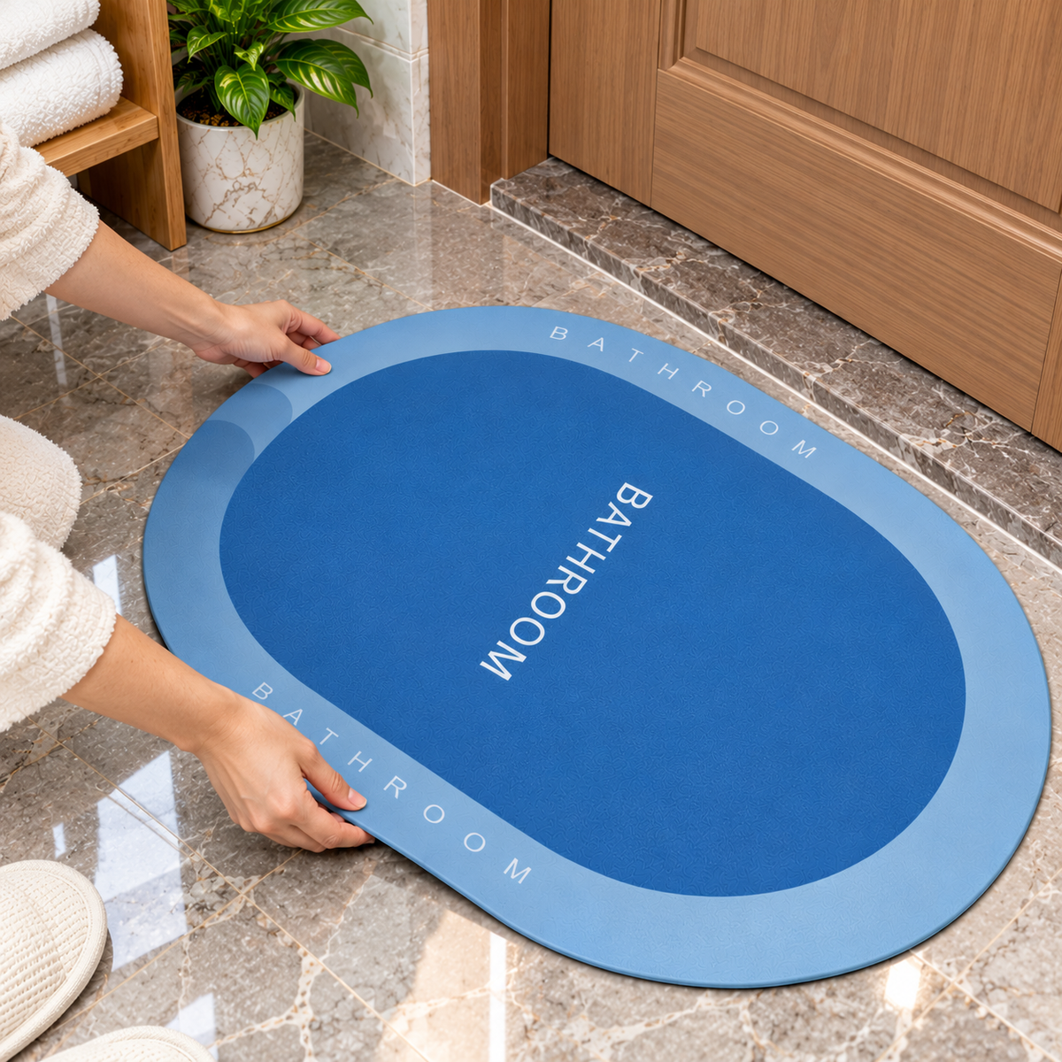 Blue Bathroom Rug Oval Shape Decorative Bath Mat (22x15Inch)