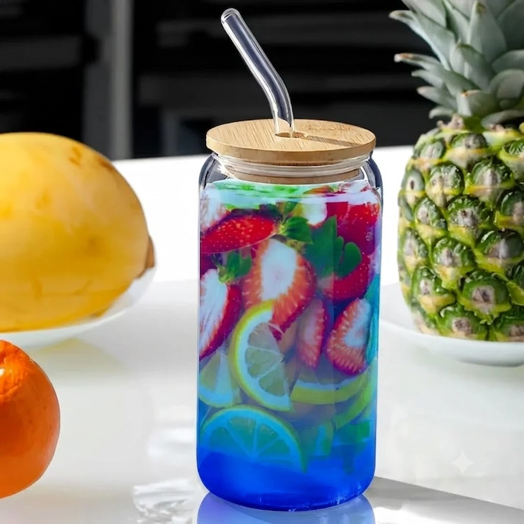 Premium Glass Tumbler With Bamboo Lid & Glass Straw (Random Color)