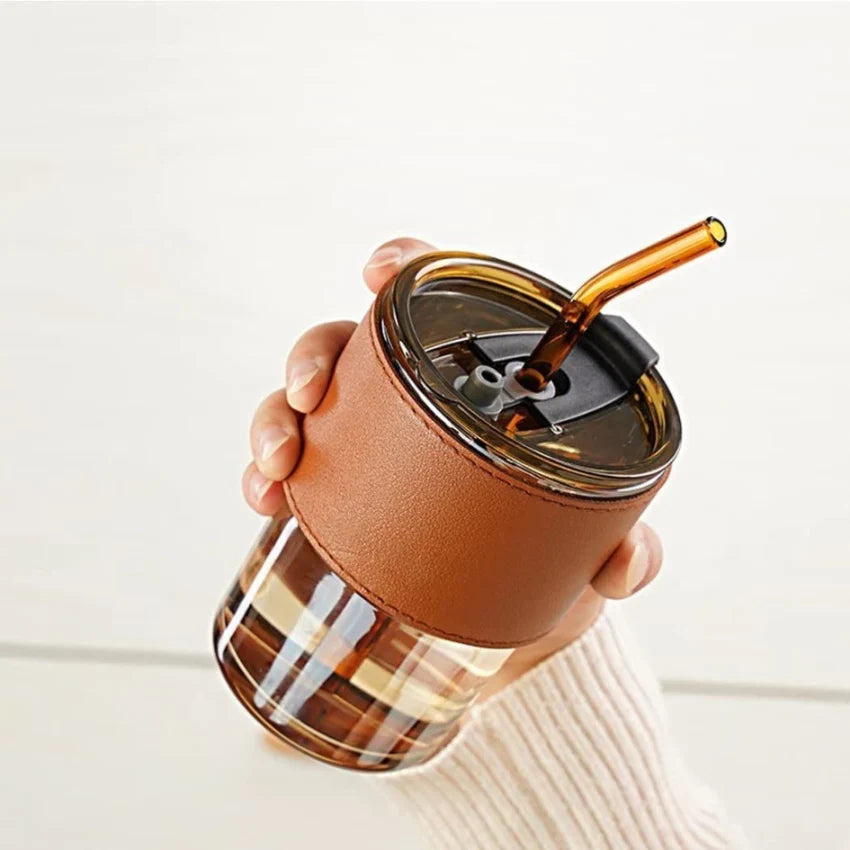 Slub Glass Smoothie Cup with Straw and Leather Cover