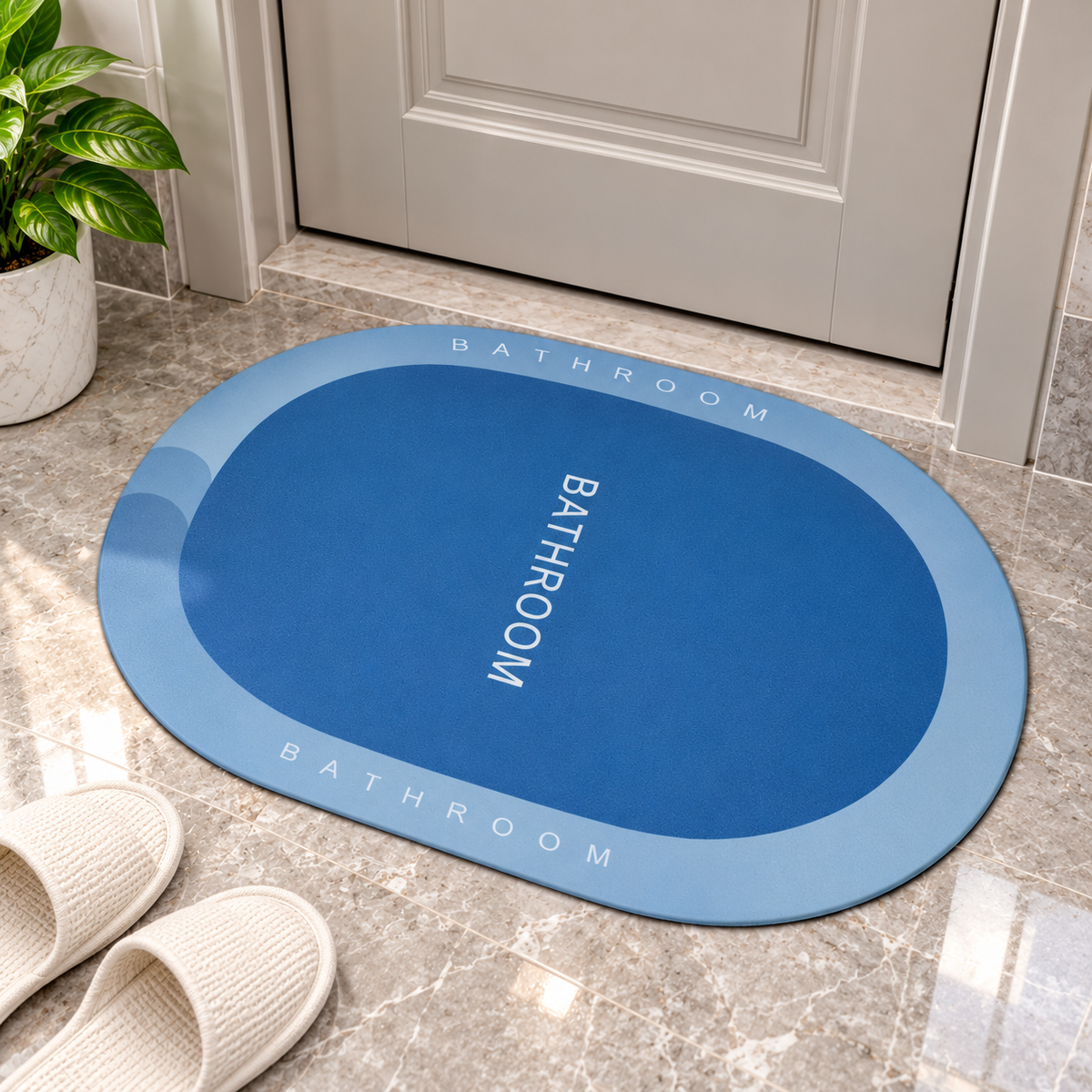 Blue Bathroom Rug Oval Shape Decorative Bath Mat (22x15Inch)