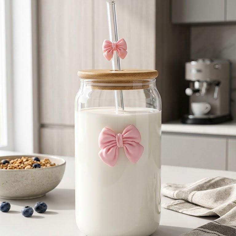 Cute Bow Glass Tumbler With Wooden Lid & Glass Straw