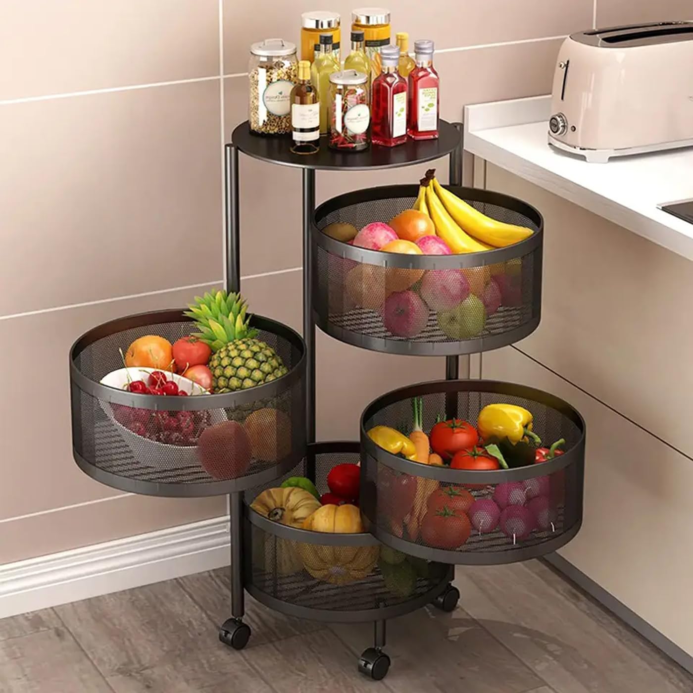Metal Kitchen Rotating Trolley With 3, 4 & 5 Tier Storage Baskets