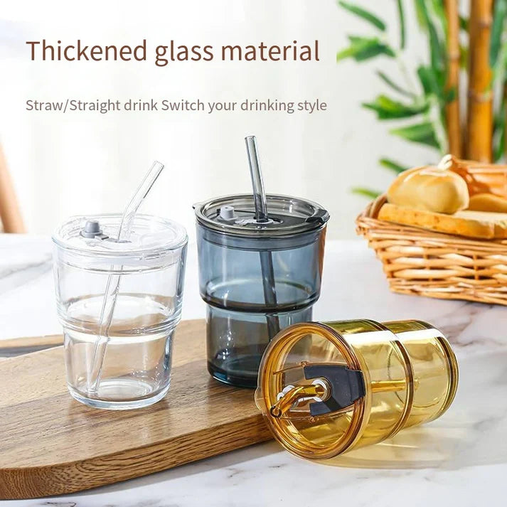 Slub Glass Smoothie Cup with Straw and Leather Cover