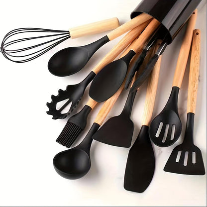 12 Pcs Silicone Wooden Handle Kitchen Cooking Utensil Set