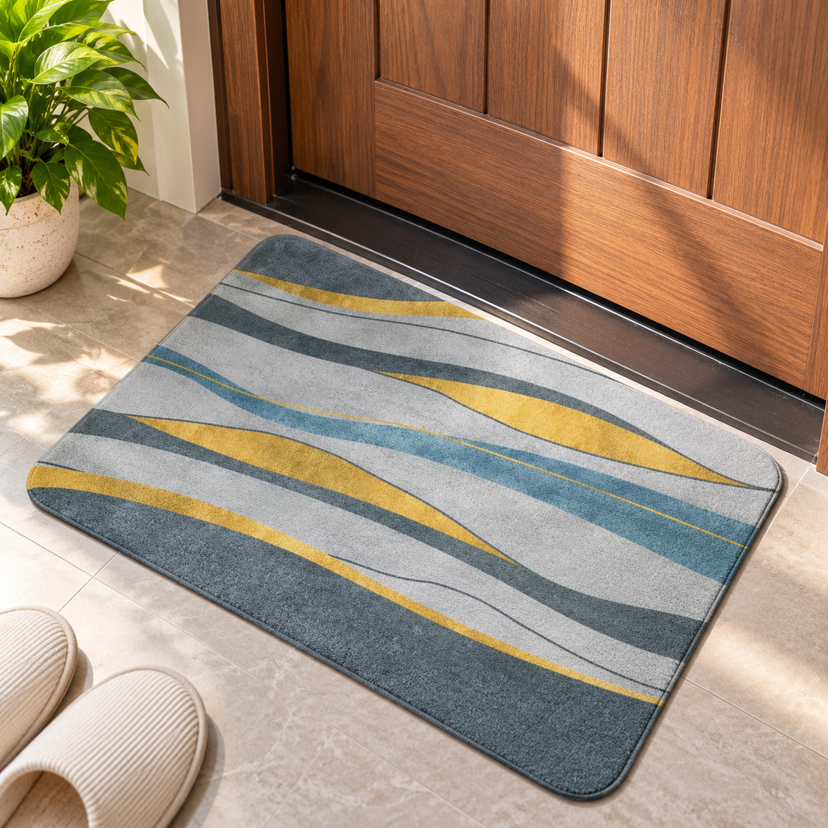 Grey & Yellow Striped Floor Mat Modern Decorative Rug (22x15Inch)